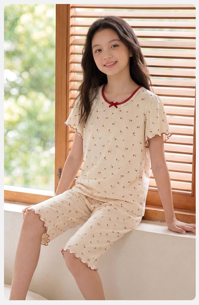 Dingguagua Girls' Short Sleeve Summer Pajama Set, Lightweight A-Class Pure Cotton Breathable Sleepwear for Ages 6-12, Junior High School Student Size 170 10