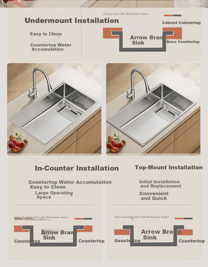 Arrow Pure Kitchen Sink Large Single Bowl 304 Stainless Steel Vegetable Washing Basin Integrated Sink 18