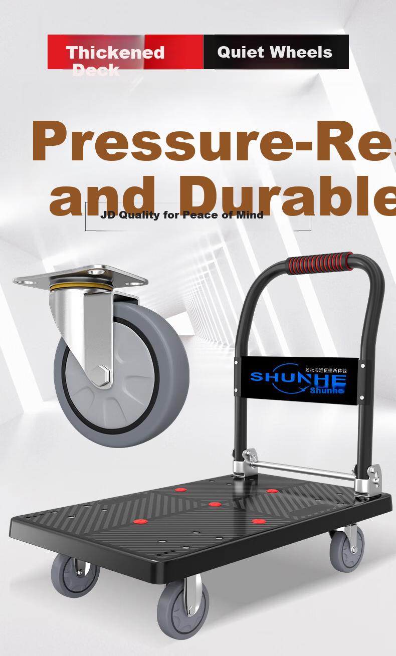 Shunhe Folding Flatbed Cart Hand Truck Trolley 70x47cm Double Tube Reinforced 4-Inch Wheels P500B-KM 1