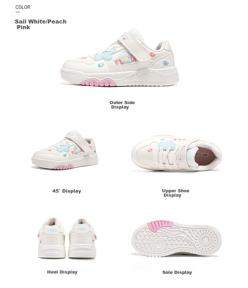 XTEP Kids Girls Flower Velcro Leather Panel Shoes Sail White/Peach Pink Size 28 14