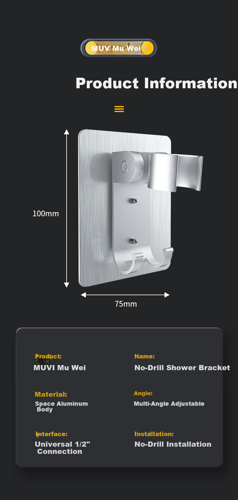Muvi Shower Head Holder, No Drilling Required, Fixed Shower Head Mount, Shower Hose Base, Bathroom Wall-Mounted Handheld Shower Head Bracket 8