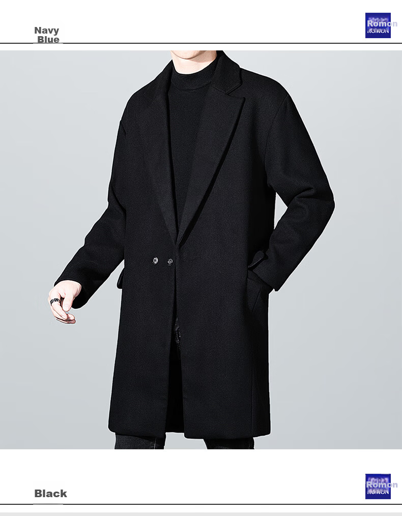 ROMON Men's Mid-Length Woolen Coat Autumn Winter Business Casual Warm Woolen Overcoat 1929 Black XL 8