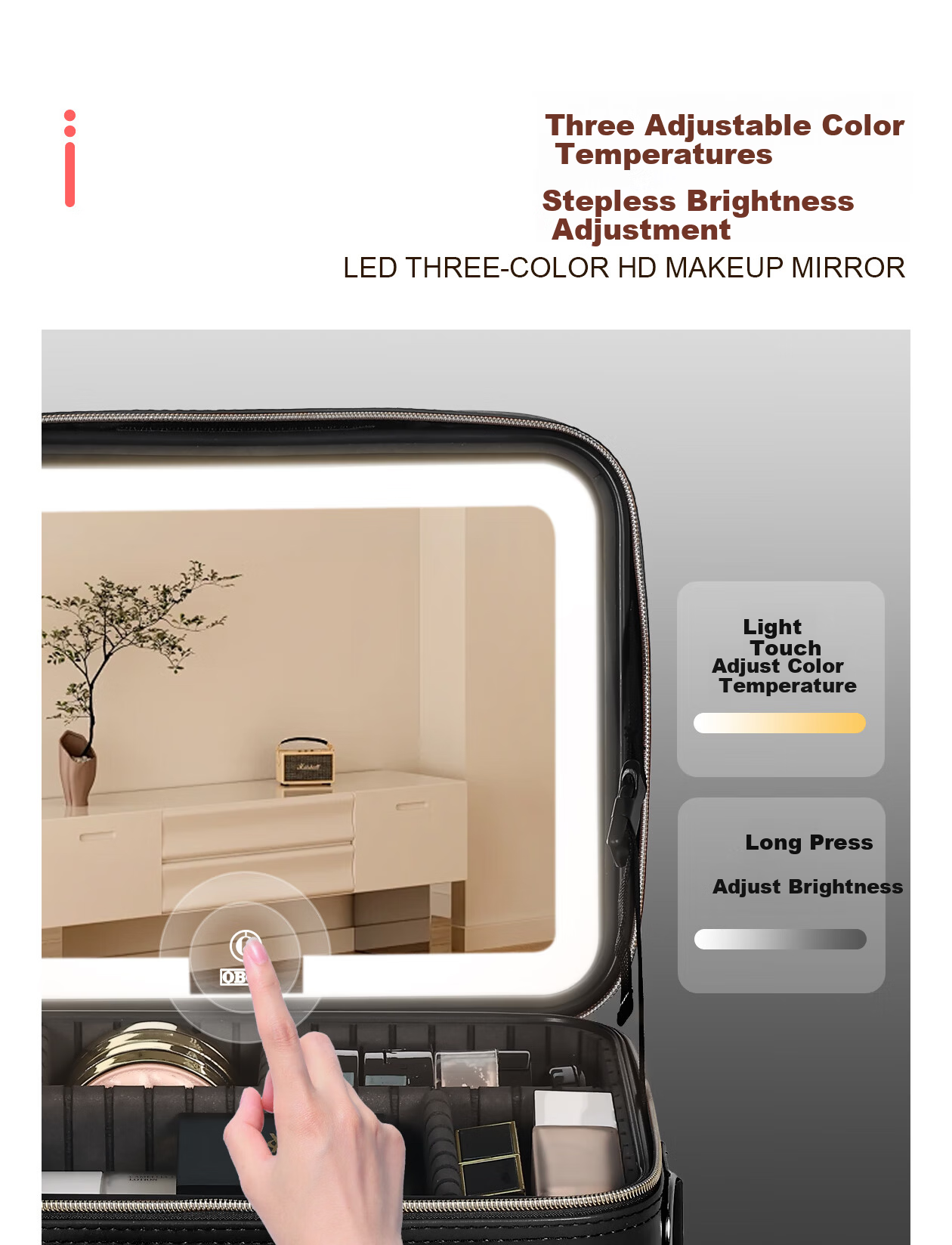 OBOX LED Lighted Makeup Bag with Mirror Large Capacity [Plaid Style] Black 12-inch Makeup Bag 8