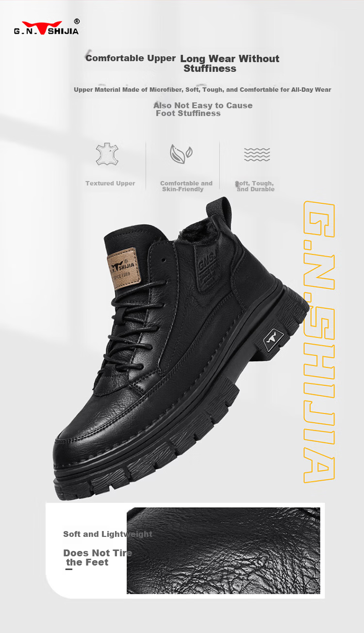 Bull Family Martin Boots Men New British Style Mid-High Casual Shoes Outdoor Fleece-Lined Warm Work Boots for Men 19