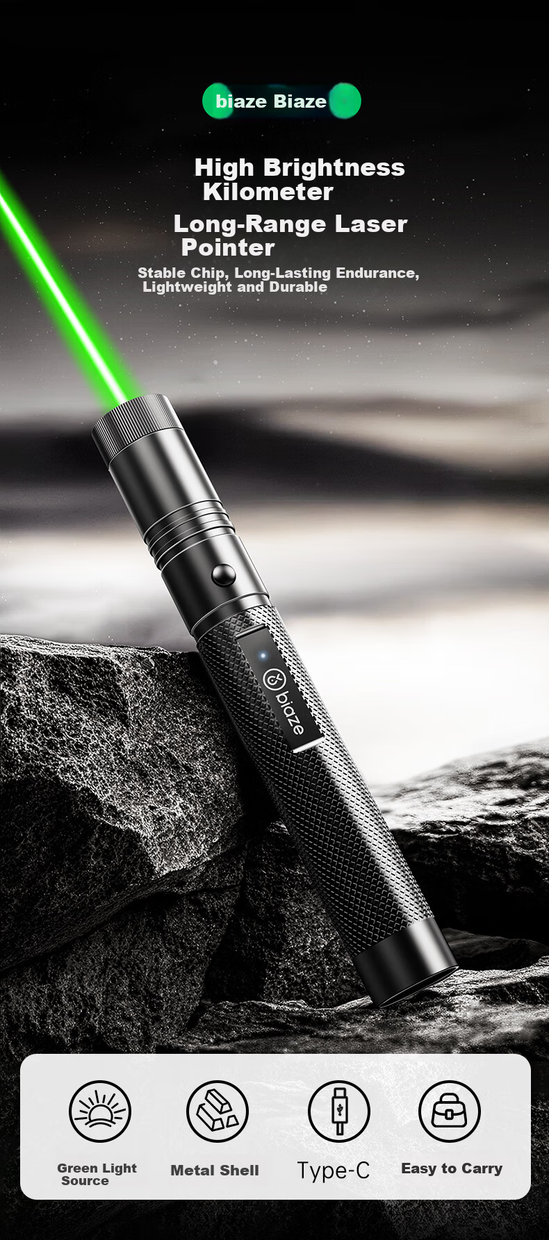 BIAZE Green Laser Pointer High Power Outdoor Long Battery Life Laser Flashlight Waterproof Type-C Rechargeable 2