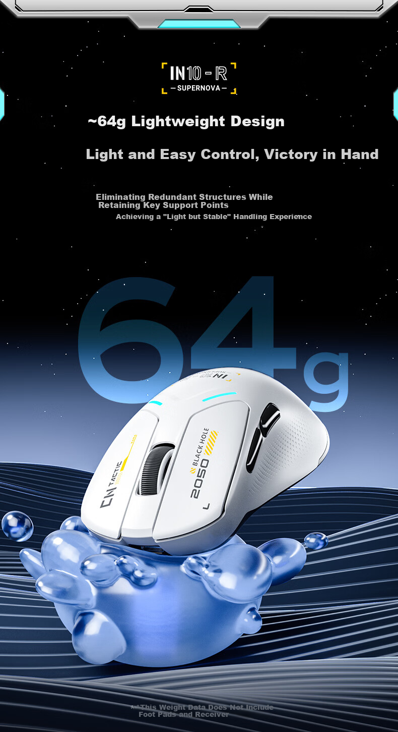 INPHIC IN10R Wireless Gaming Mouse Wired Bluetooth Tri-Mode PAW3395 Lightweight Right-Hand Ergonomic Claw Grip 26,000 DPI 8K Report Rate Starry White 3