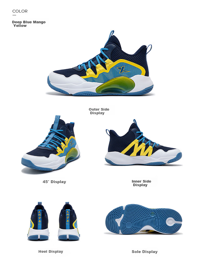 XTEP Children's Unisex Shock-Absorbing Wear-Resistant Basketball Shoes for Young National Champions, Deep Blue/mango Yellow, Size 35 22