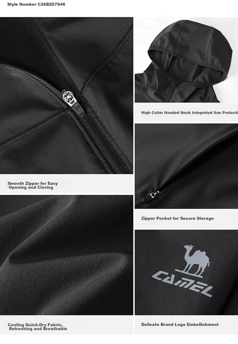 CAMEL Women's Sports Sun Protection Jacket Ice Cool Quick-Dry Outdoor Slim Fit Hooded Coat C26BZ0L7046 Phantom Black XXL 16
