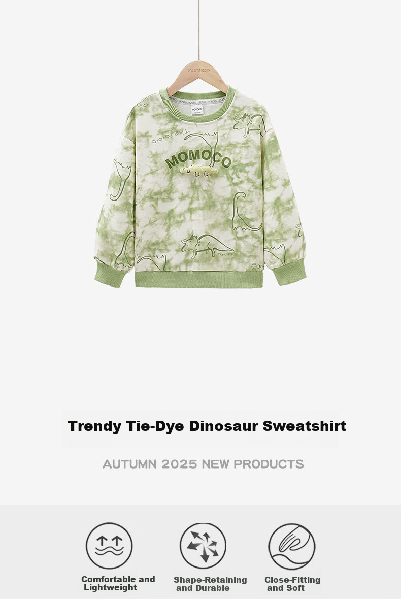 MOMOCO Boys' Sweatshirt Autumn 2025 New Trendy Tie-Dye Dinosaur Sweatshirt Green Size 90 1