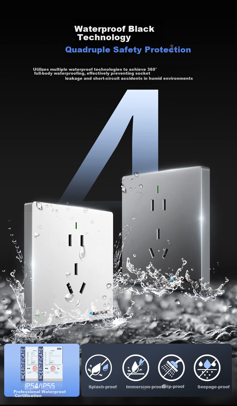 BLAUPUNKT Waterproof Socket New National Standard 86 Type Panel Surface and Concealed Mount 10A Five-Hole Wall Outlet Bathroom Waterproof Outdoor Sunproof Rainproof 5