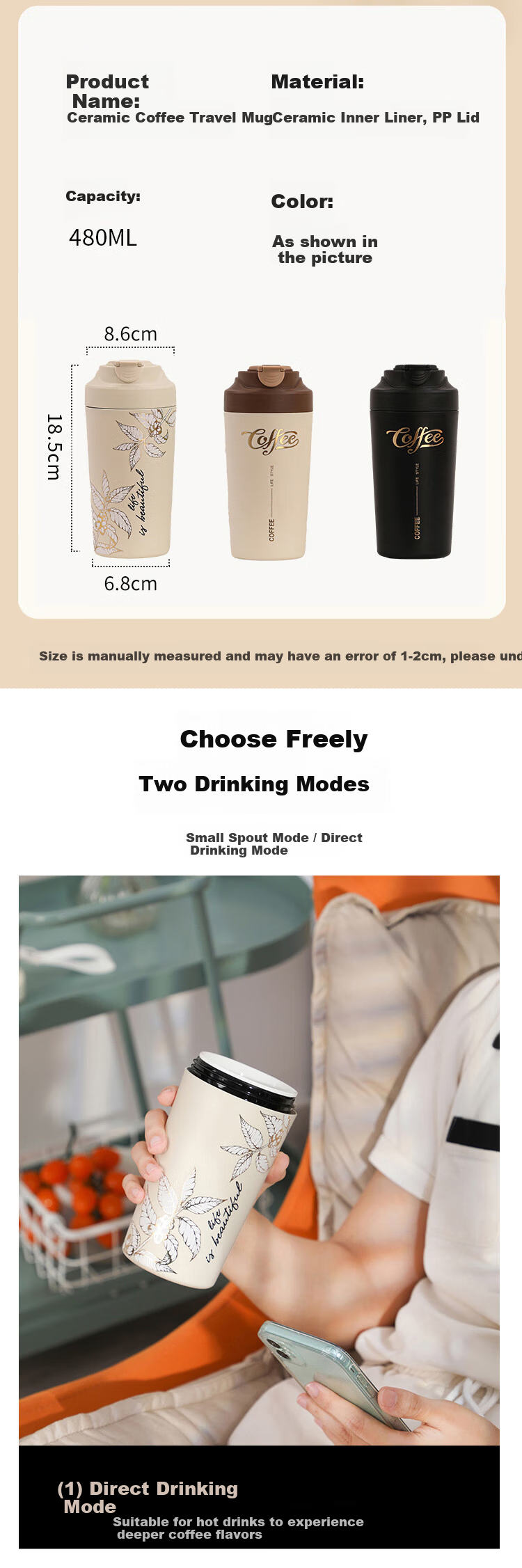 GUOZI Insulated Mug Coffee Cup with Ceramic Inner Liner, Stylish Portable Cup for Men And Women, Specially Designed for Drinking Chinese Herbal Medicine, Gift, 480ml 6