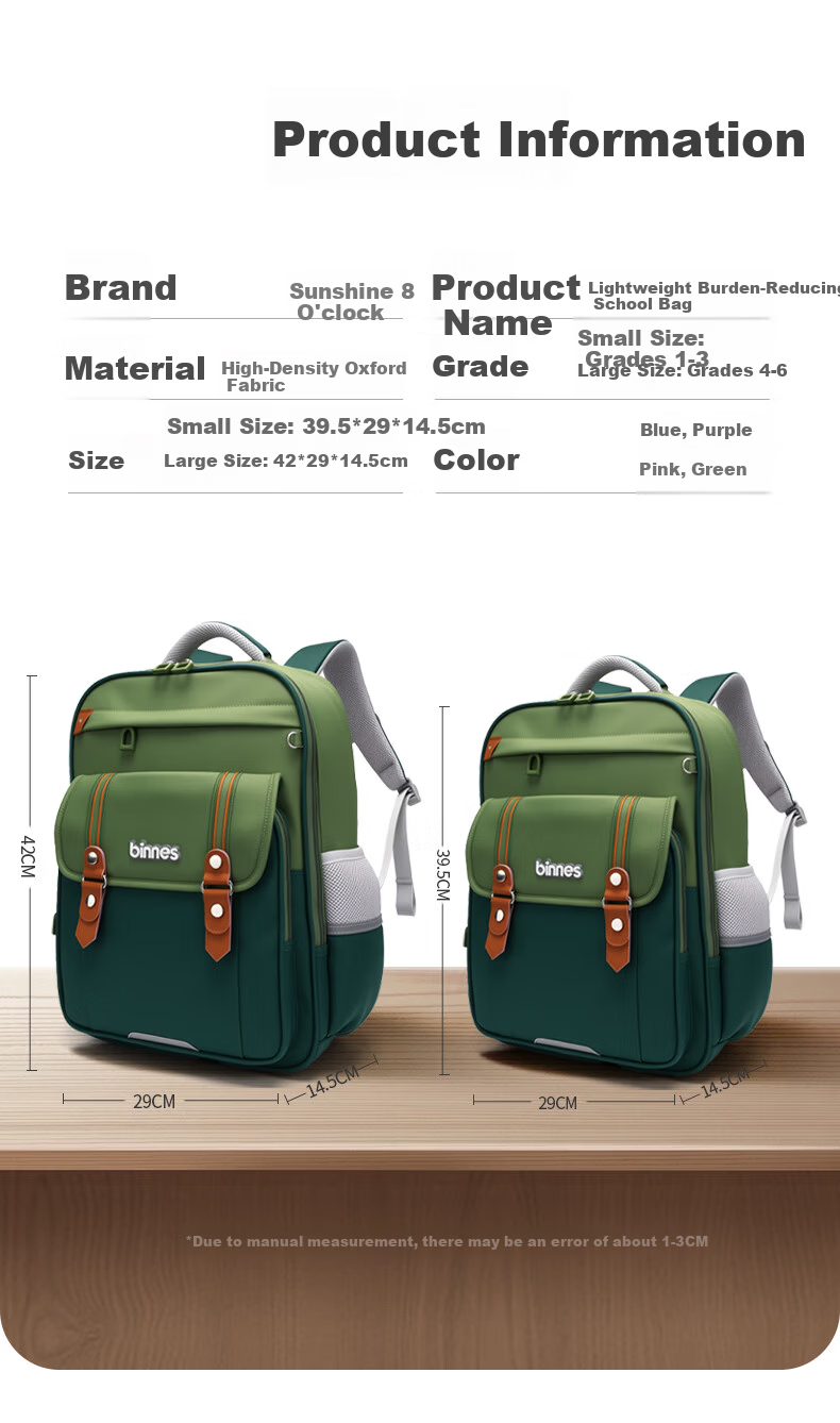 Sunshine 8 O'clock Primary School Student Backpack Kids Boys Girls Ergonomic Lightweight Large Capacity Grade 1-3 Double Shoulder Bag 7