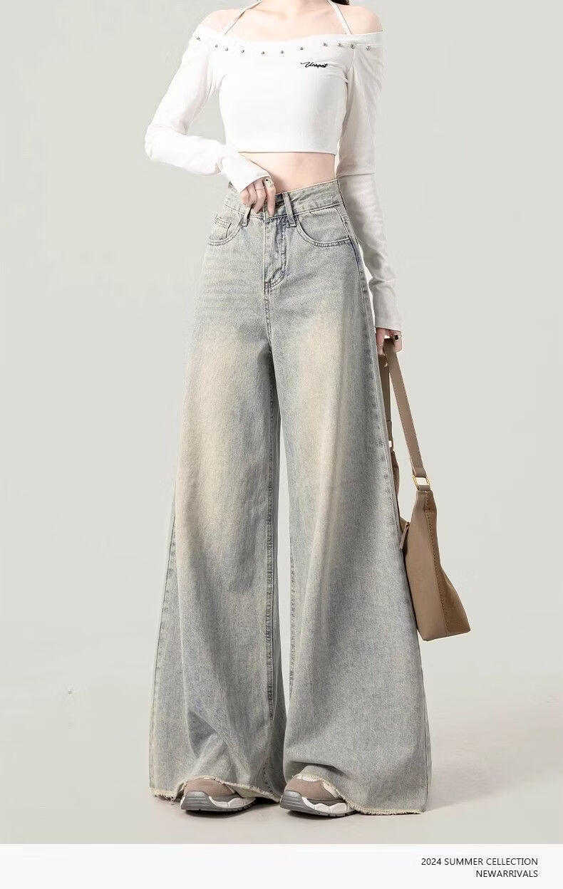 Jeanswest Women's Jeans 2026 Vintage Washed Straight High Waist Loose Distressed Raw Hem Wide Leg Pants Nostalgic Blue L 3