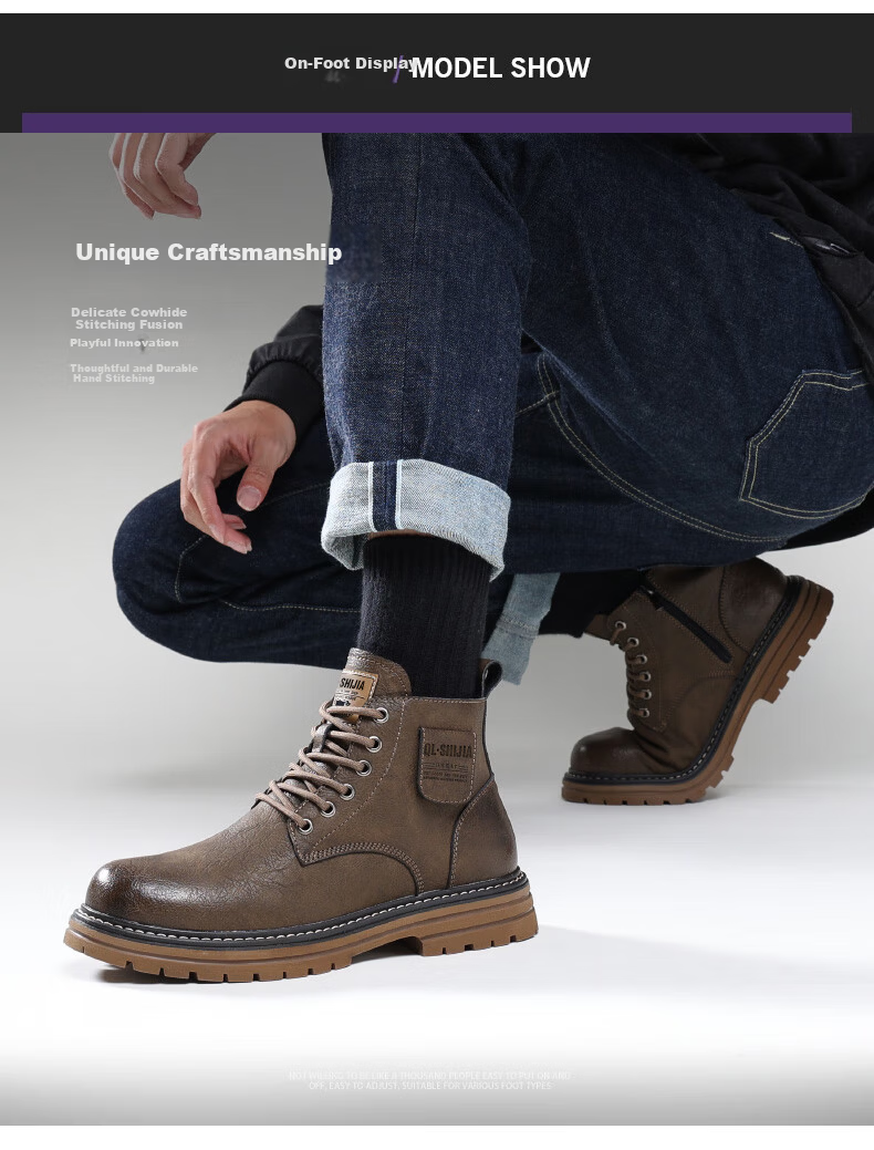 Qunlang Shijia Genuine Leather Martin Boots Men Winter Thick Sole British Retro Fashion Work Boots Fleece Lined Shoes 7