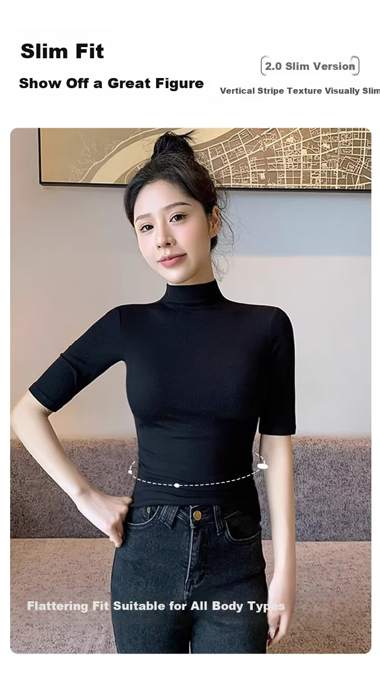 Shuangxing Women's Half Turtleneck Half Sleeve T-Shirt, 5/10 Sleeve Spring Summer New Style, Black, 2XL 9