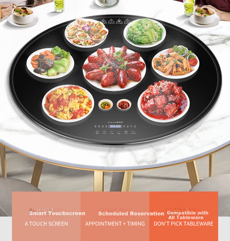 Fudelai Heated Food Warming Board with Induction Cooker Hot Pot Automatic Rotating Household Food Warmer Multifunctional Electric Dining Table Turntable Round Black 120cm 5