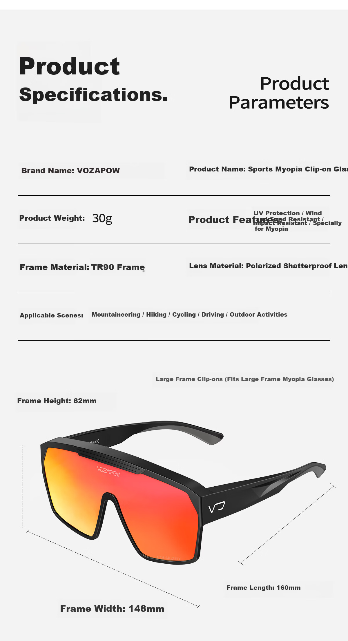 VOZAPOW Myopia Prescription Hiking Mountaineering Cycling Protective Polarized Sunglasses Fishing Driving Sunglasses 20