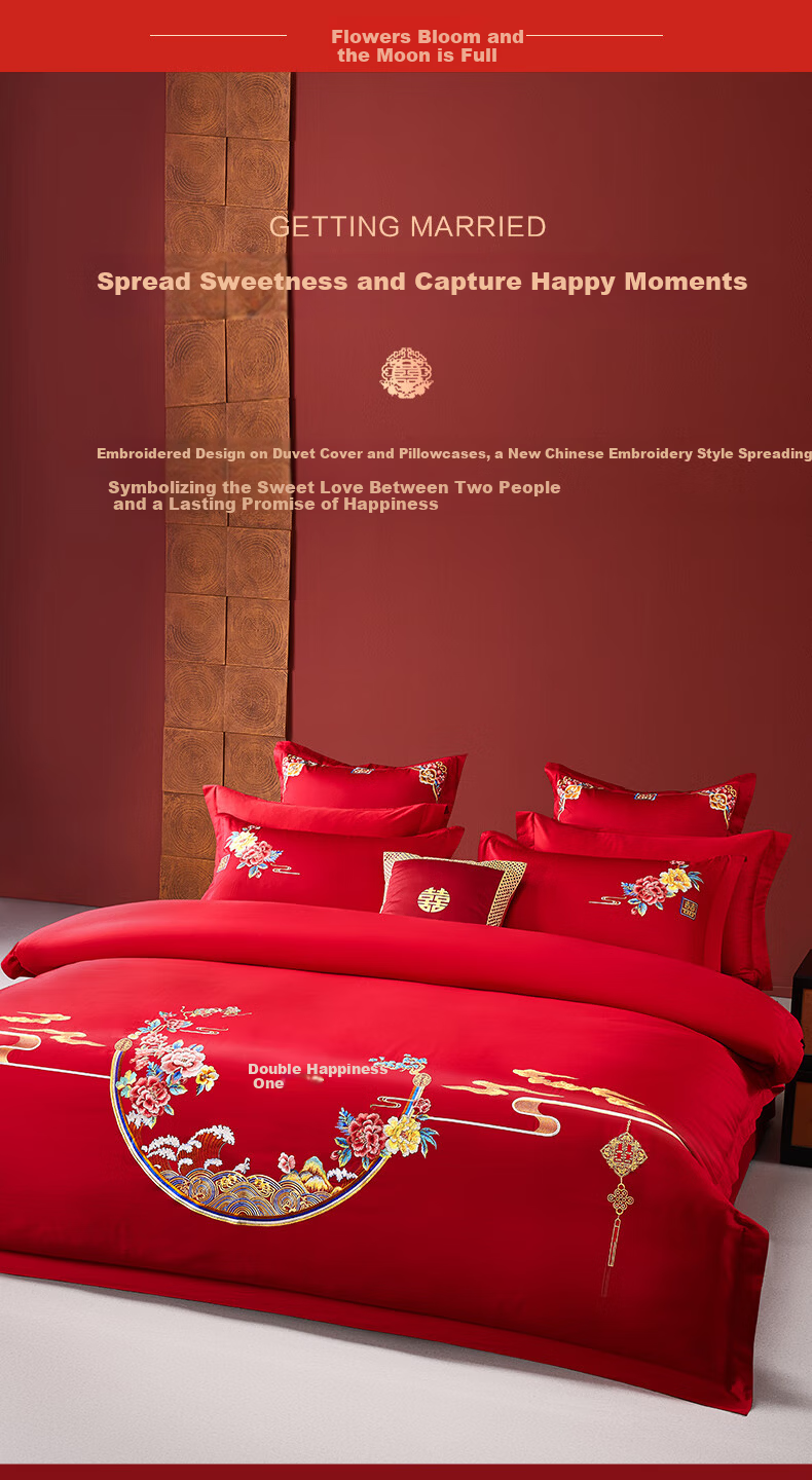 BEYOND Home Textiles Wedding Four-Piece Set, Pure Cotton, New Wedding Red, 100 Count Long-Staple Cotton, Embroidered Family Wedding Set, 1.8 Meters 4