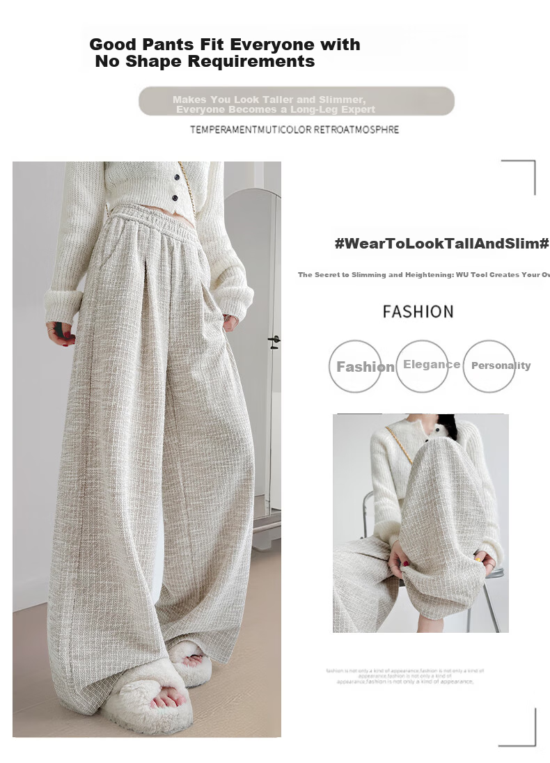 FitonTon Women's Casual Pants Small Fragrance Style Wide-Leg Pants 2025 Autumn Winter New Draped Straight-Leg Loose Slim Pants for Women 4