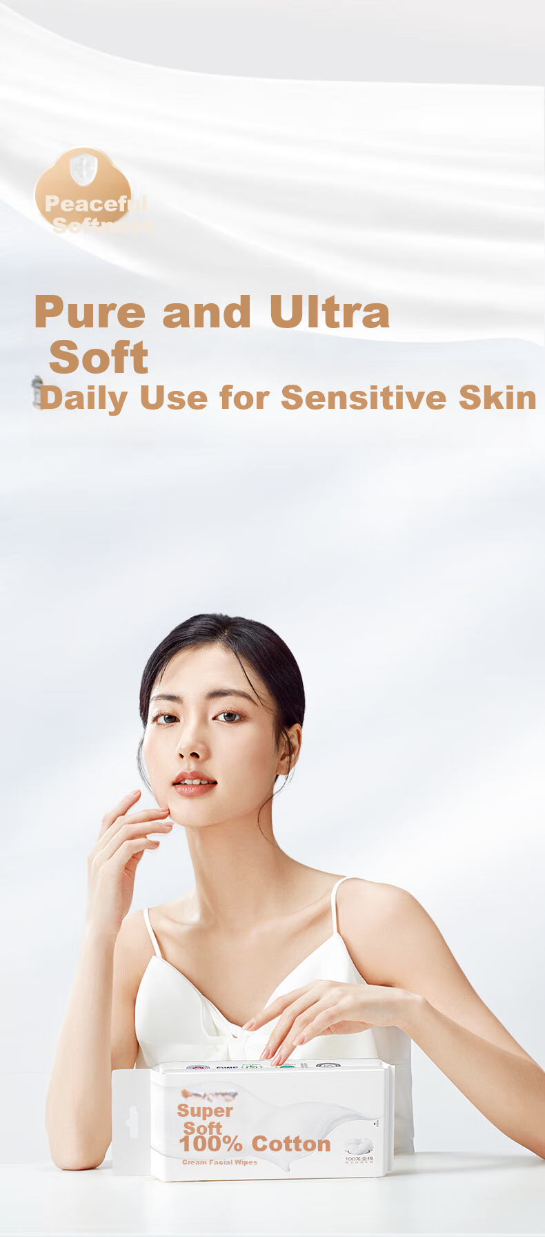 PurCotton [Sun Yingsha Edition] Cream Facial Wipes 60 Sheets/Pack*1 Thickened Hanging 100% Cotton Soft Towels 8