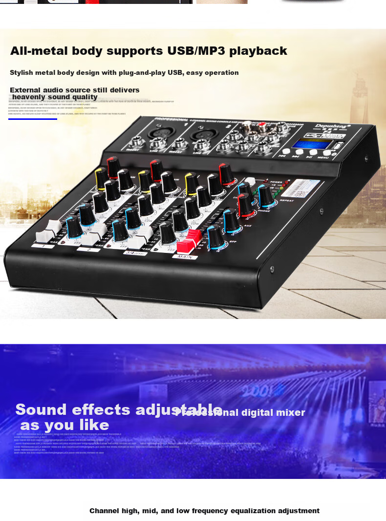 Depusheng Professional 4-Channel Mixer USB Sound Card Bluetooth U Disk Equalizer Reverb Portable F4 for Computer Recording Home KTV Singing Online Video Conference Live Streaming 3
