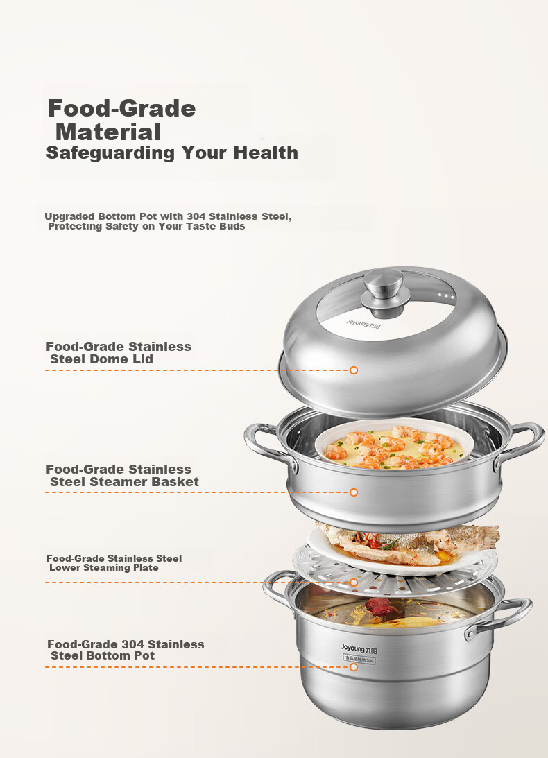 Joyoung 28cm Stainless Steel 304 Double-Layer Steamer Pot with High Dome Lid, Large Capacity, Stove Compatible for Home Steaming, Cooking, and Soup Making 4