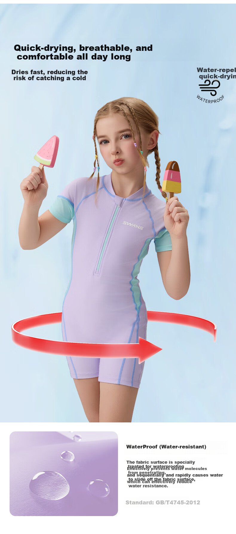 SWANS Kids Girls One-Piece Square-Leg Swimwear Chlorine-Resistant Quick-Dry Professional Sun Protection Surf Suit Light Purple 130 5