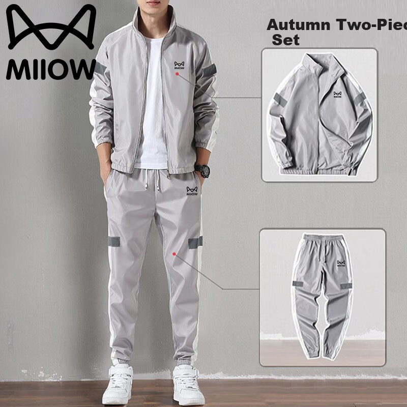 Miiow Men's Long Sleeve Set Spring Autumn Stylish Versatile Sports Stand Collar Jacket and Pants Two-Piece Set Gray 3XL