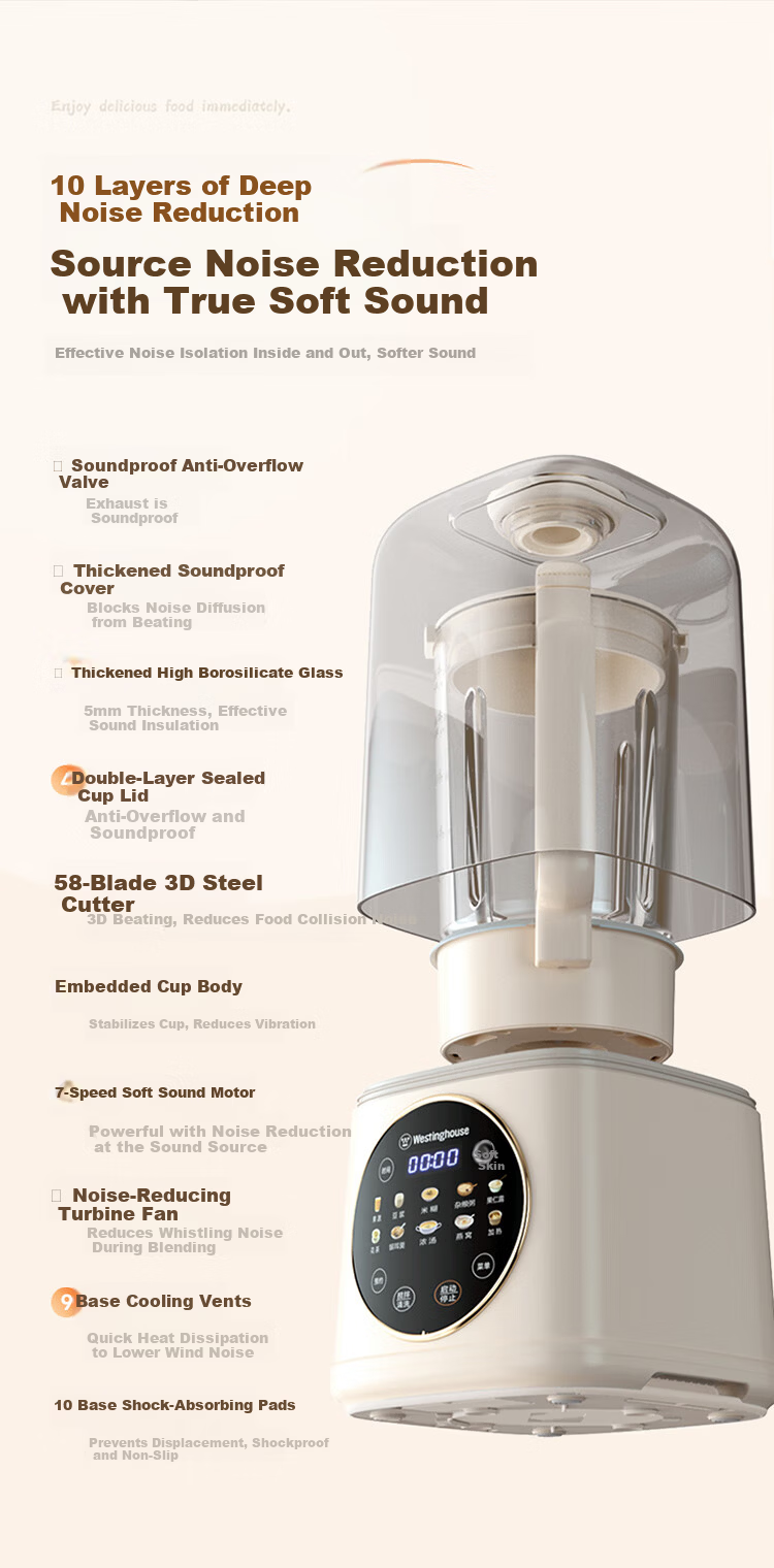 Westinghouse WPB15J9 Soft Sound Blender Household Soy Milk Maker 1.5L Heating Fully Automatic Mixer Titanium Coating Anti-Scald Noise Reduction Baby Food Processor 9