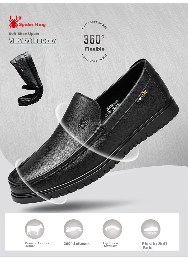 SPIDER KING Men's Shoes, Business Casual Leather Shoes, Lightweight Slip-On Loafers, Cowhide, Middle-Aged Dad Shoes, Black, Size 41 2