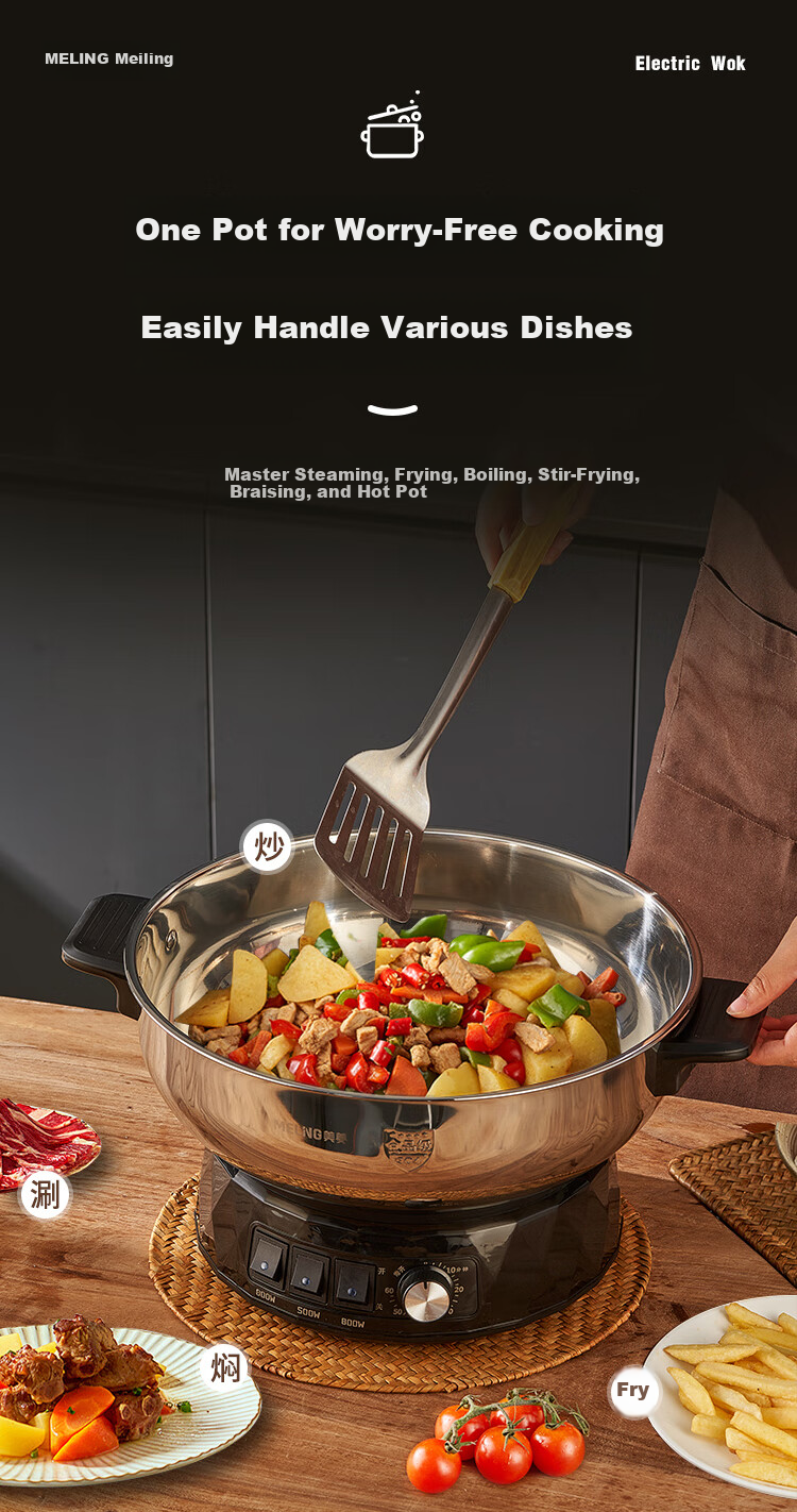 MeiLing Electric Frying Pan New Generation Healthy Large Capacity 304 Stainless Steel Electric Steamer Electric Cooker Stew Steam Cook Non-Stick Multifunctional All-in-One Electric Pot Multi-Purpose E 9
