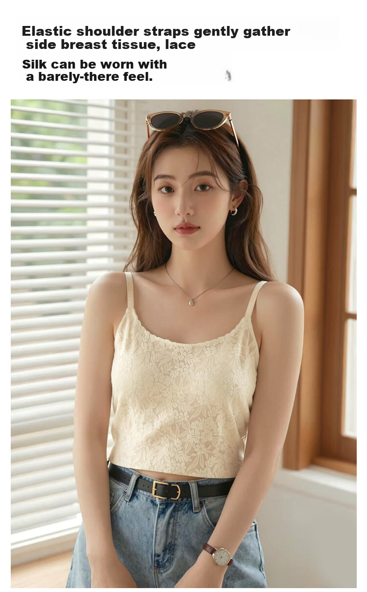 Herbal Original Color Women's Camisole with Chest Pad, Bra-Free, Summer Versatile Sexy Lace Outerwear and Inner Layering Tank Top 7