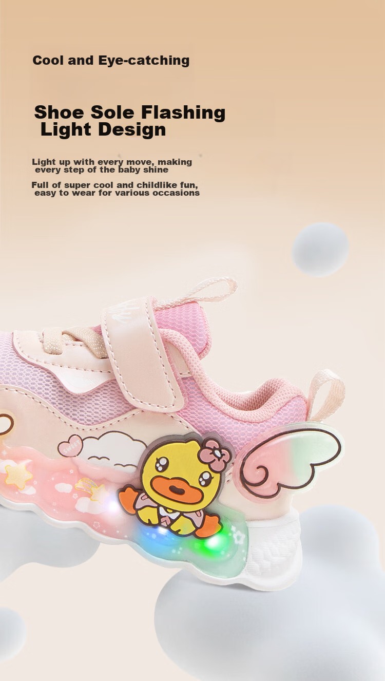 B.Duck Children's Shoes, Girls' Soft-Soled Sneakers, Light-Up Shoes with Flashing Lights, Spring And Autumn Season Bright-Light Shoes, White And Purple, Size 22 5