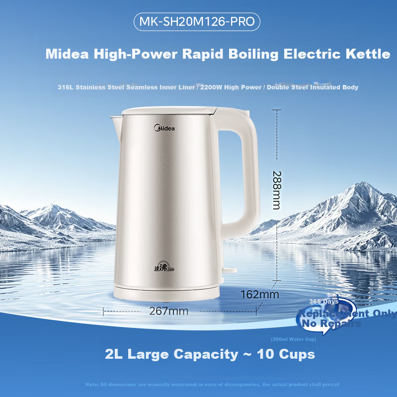 Midea Electric Kettle 2200W Fast Boil Double Stainless Steel Auto Shut-Off 316L Baby-Grade Stainless Steel 2L Large Capacity MK-SH20M126-PRO