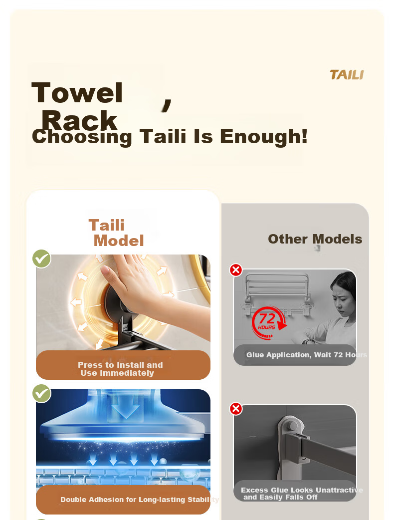 Taili Bathroom Wall-Mounted Storage Rack 4-Piece Set, No-Drill Bathroom Shelf, Nail-Free Towel and Bath Towel Hooks, Corner Rack 1