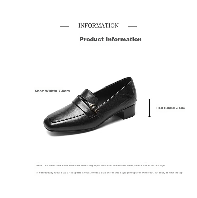 Eierkang Women's Sheepskin Comfortable Mid-Heel Loafers Retro Square Toe Commuter Leather Shoes Black 35 26606W 7