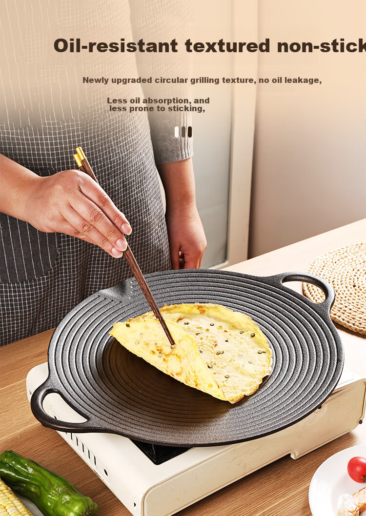 Jincun Cast Iron BBQ Grill Pan Flat Frying Pan No Coating Steak Egg Teppanyaki 35cm for Outdoor Gas Stove 5