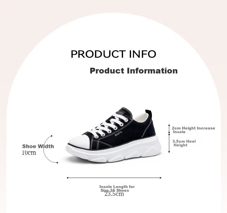 Basto Women's New Height-Increasing Canvas Shoes Breathable Lightweight Casual Sneakers S1193AM6 Black Size 38 8