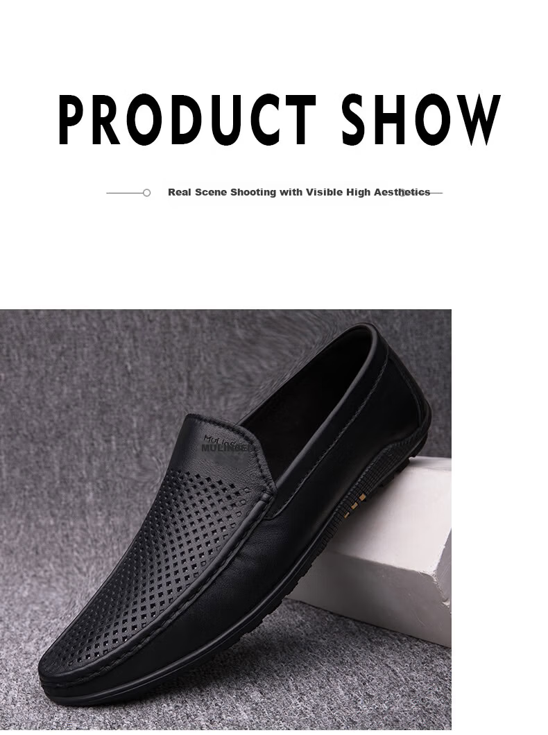 MULINSEN Men's Shoes, Top-Grain Leather, Hollow Breathable Casual Shoes, Slip-On Soft-Soled Loafers, 19591s 13