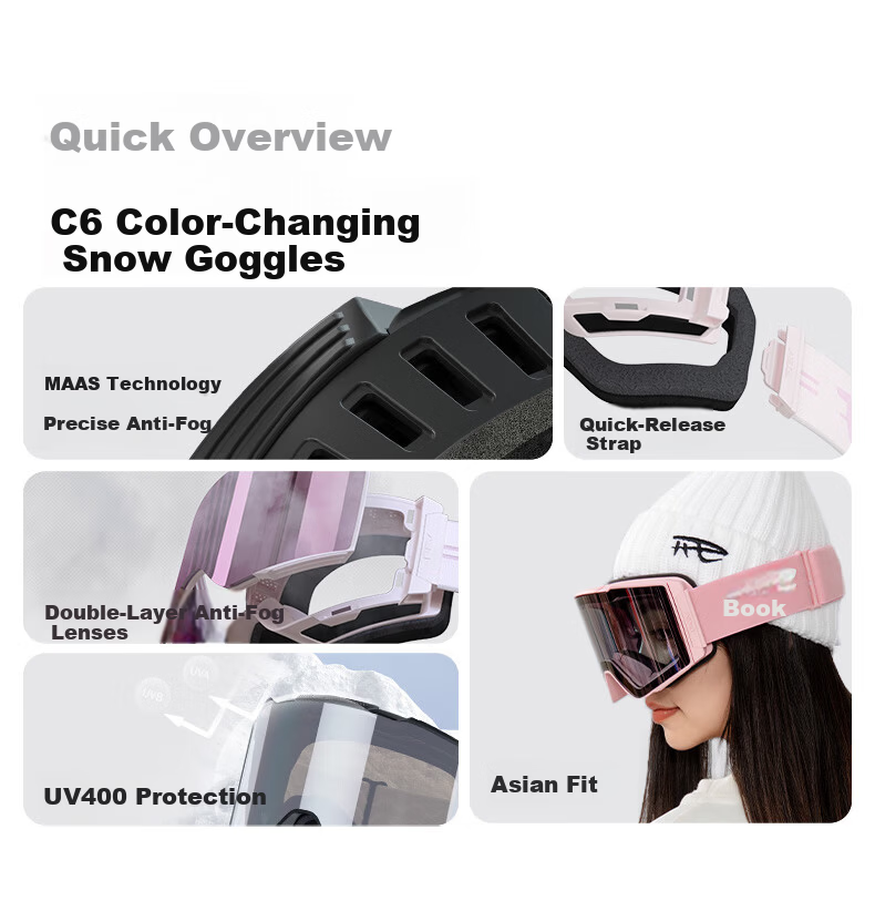 Ruiwu REV Zhenfeng Color-Changing Ski Goggles Magnetic Lens Replacement Winter HD Anti-Fog Cylindrical C6 Elegant Silver Black Frame M 3