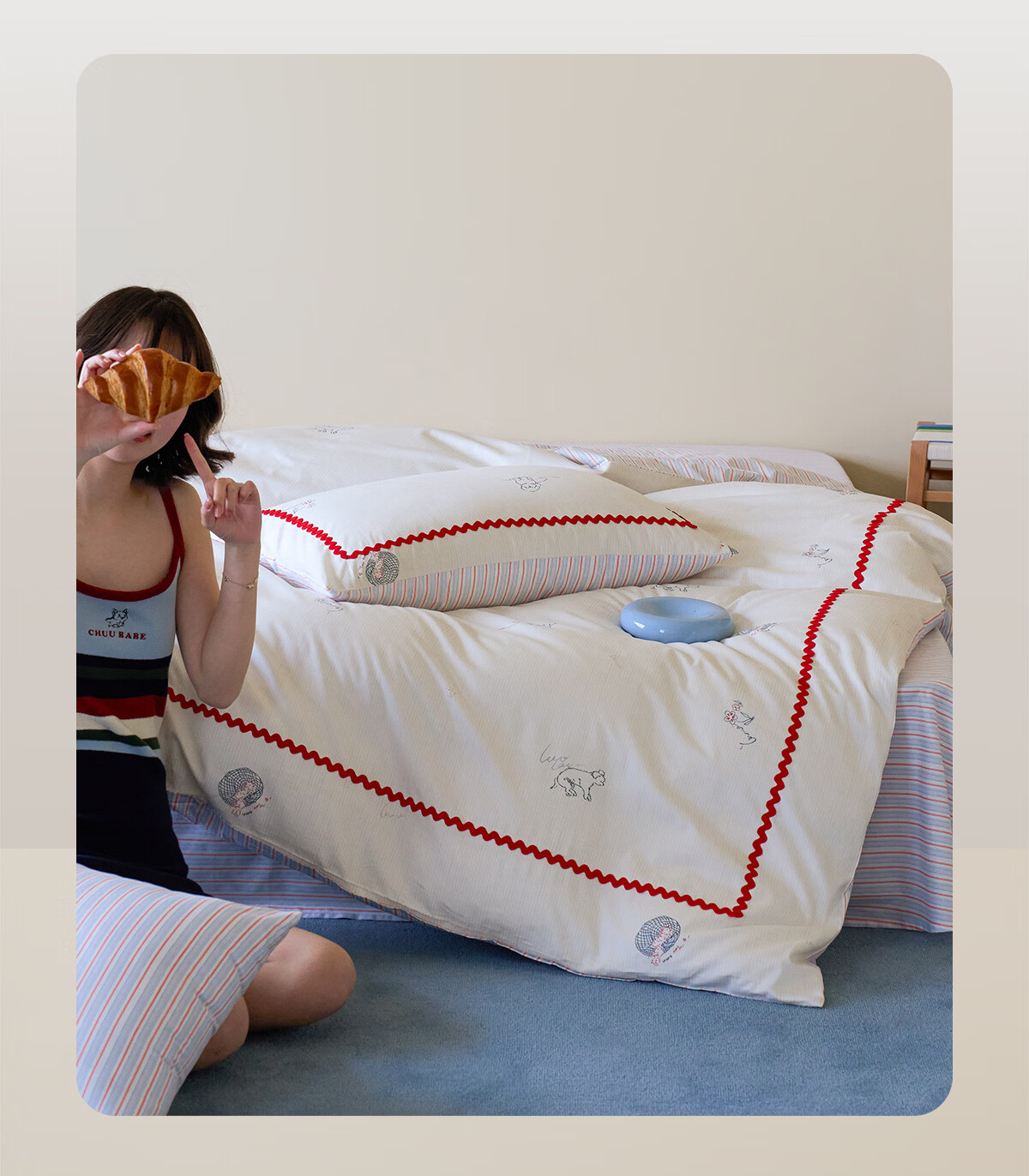 Luolai Home Textiles Student Dormitory 3-Piece Set 100% Cotton Bed Sheet and Quilt Cover Striped Puppy 150*215 Beige 3