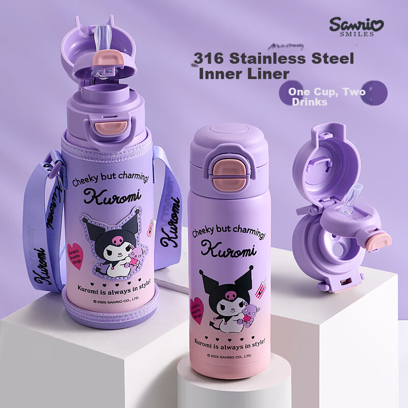 Sanrio 316 Stainless Steel Insulated Water Bottle 520ML Dual-Use Kids Cup Kuromi Pink Purple 901