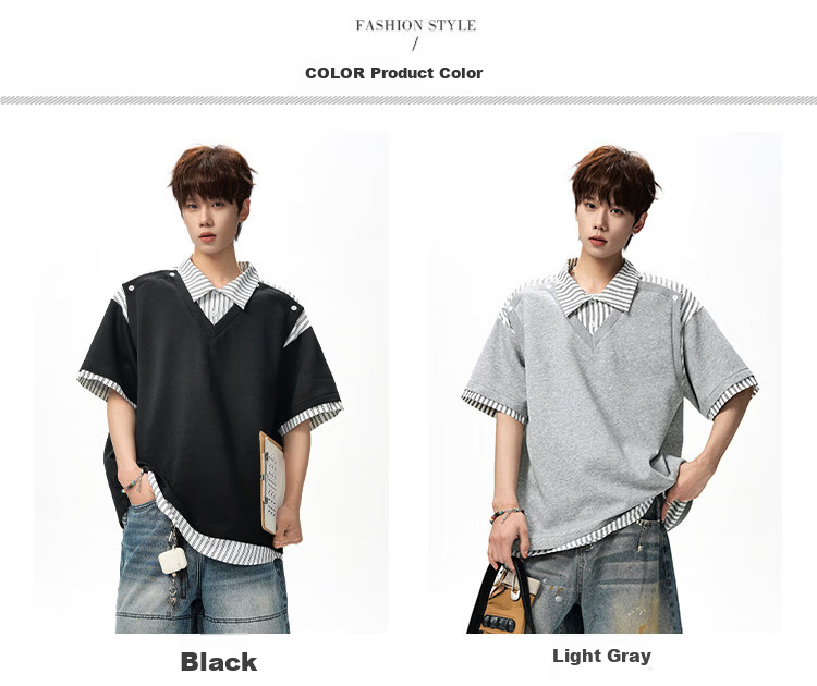 Foss Phil Men's Summer Loose Fit Short Sleeve Polo Shirt Fake Two-Piece Shirt Collar T-Shirt DT6238 Light Gray 3XL 2