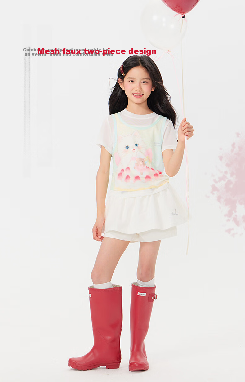 BARRY BANNY Girls' Short Sleeve T-Shirt Spring Summer New Big Kids Round Neck Breathable Top 3037 Soft Peach Milk White 150 7