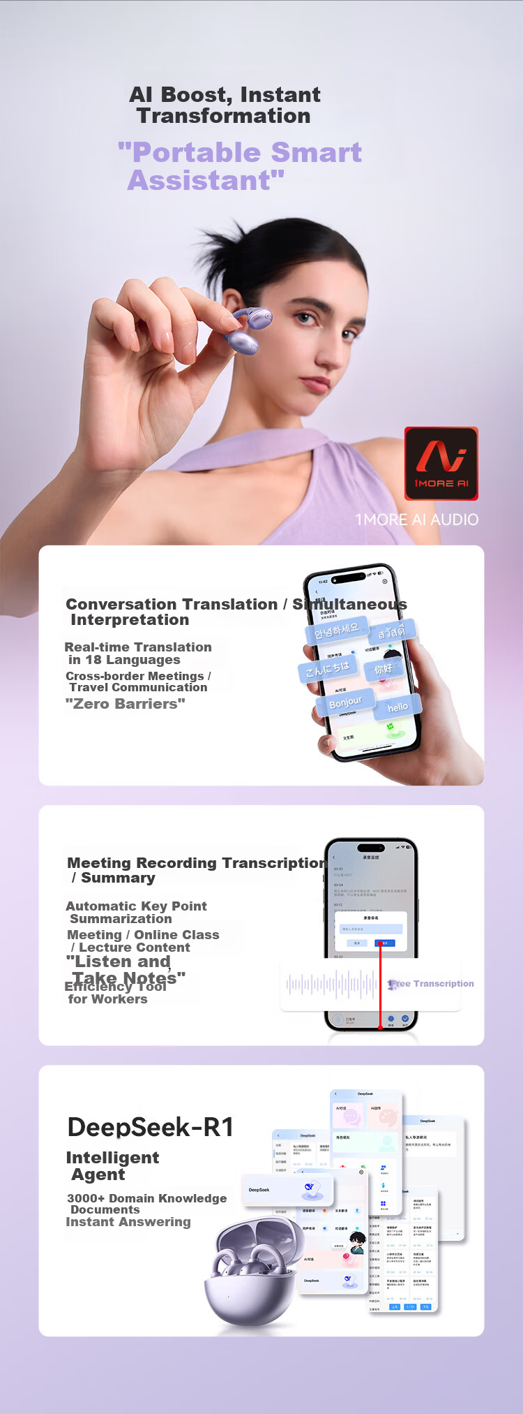 1MORE S21 Open-Ear Clip-On Bluetooth Earphones Bone Conduction AI Call Noise Cancelling Sports Headset for Huawei Xiaomi Apple Jay Chou Endorsed Matte Purple 12