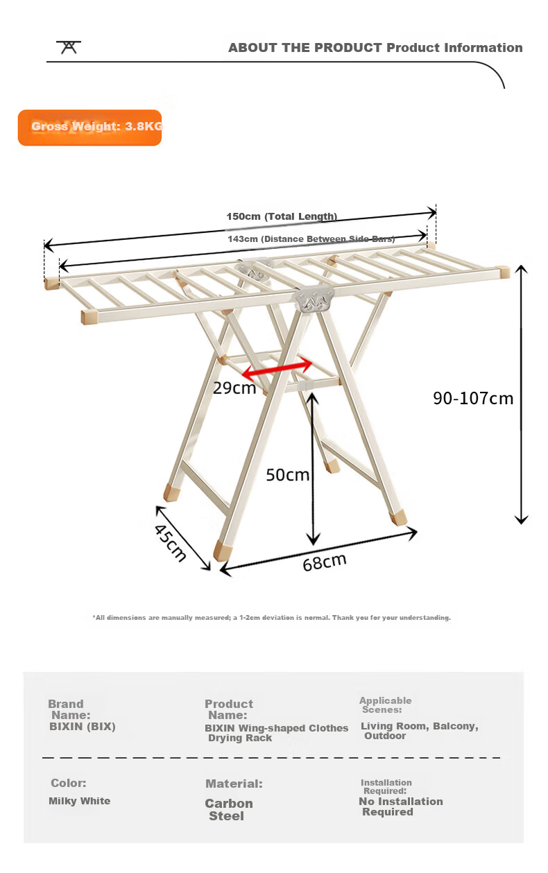 BIX Foldable Clothes Drying Rack, Indoor Laundry Hanger Stand, Balcony Quilt Drying Rack, Milk White Color, 1.5m, Three-Tier 5