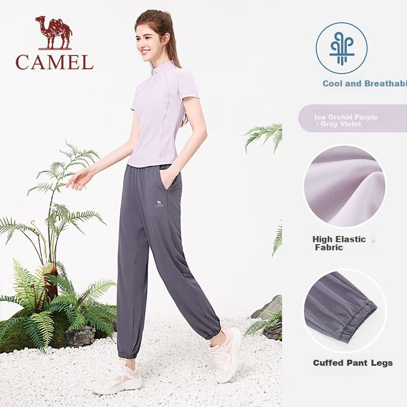 CAMEL Women's Quick-Dry Breathable Yoga Set Short Sleeve Two-Piece XL Ice Orchid Purple/Gray Purple, Stand Collar Style