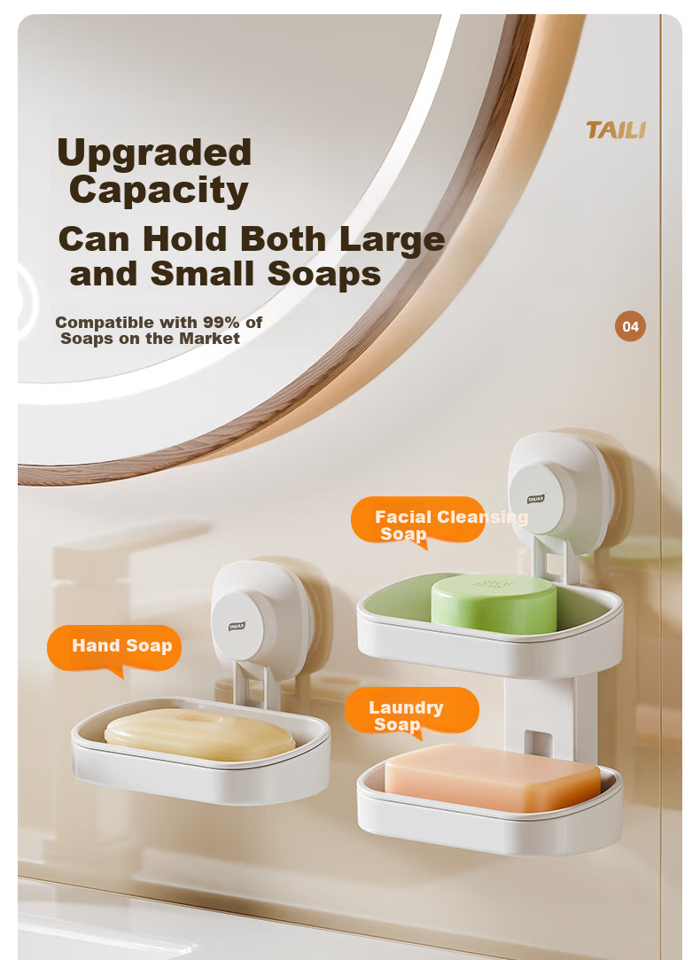 Taili Wall-Mounted Soap Dish Bathroom Soap Holder No-Drill Suction Cup Double-Layer Draining Storage Rack 13