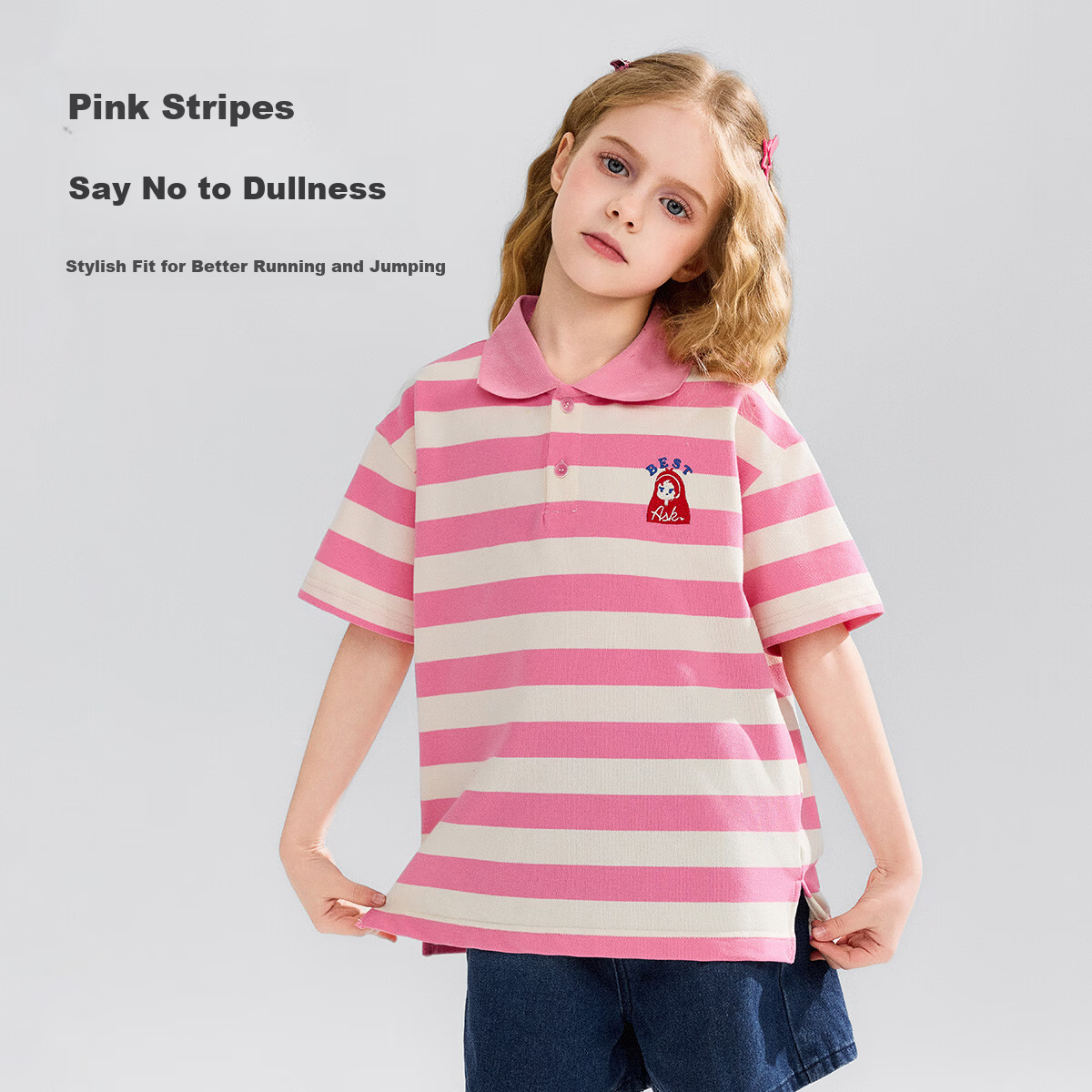 ASK JUNIOR Kids Summer Thin T-Shirt Youth Polo Shirt Striped Short Sleeve Running Sports Top for Girls Pink White