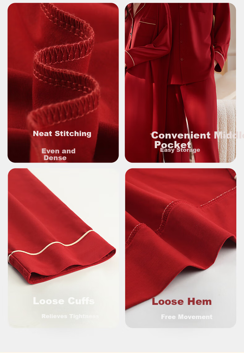 XULEN Modal Cotton Couples Red Nightgown and Robe Set for Wedding Year 63351 Jujube Red - Women M 16